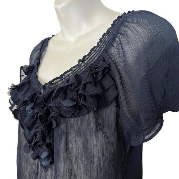Hollister Sheer Dark Navy Y2K Ruffle Whimsigoth Fairy Top Shirt Smocked sz M - Picture 11 of 16